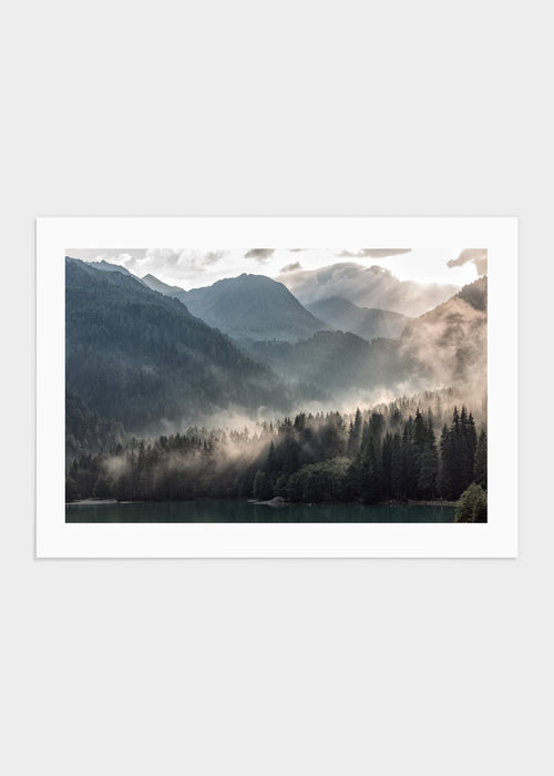 Foggy woods & lake poster